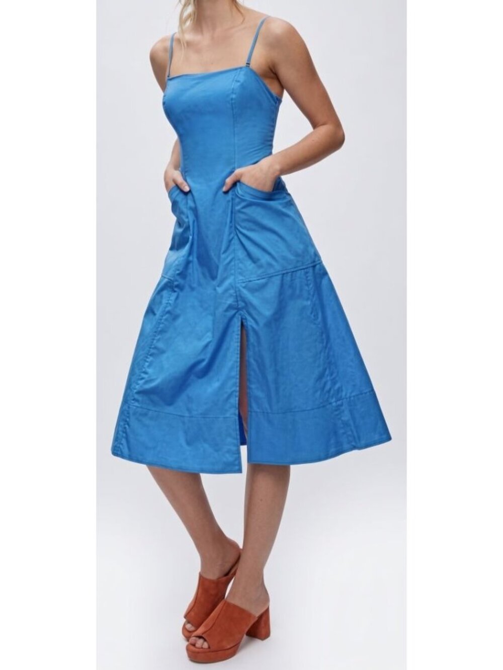 Free People SUNSHINE OF LOVE Blue Cotton Midi Dress w/ Pockets Women's Size 10 - Picture 3 of 13
